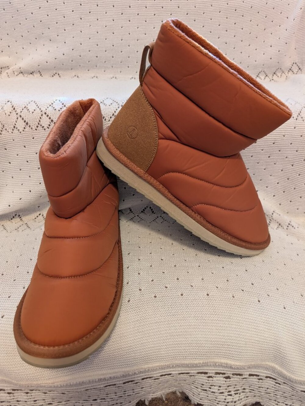 Land’s End Women's 9 Faux Fur Lined Cognac Puffer Ankle Boots Slip-on